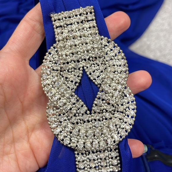 XSCAPE Royal Blue One Shoulder Peplum Gown Rhinestones Formal Wedding Guest Prom - Picture 7 of 9